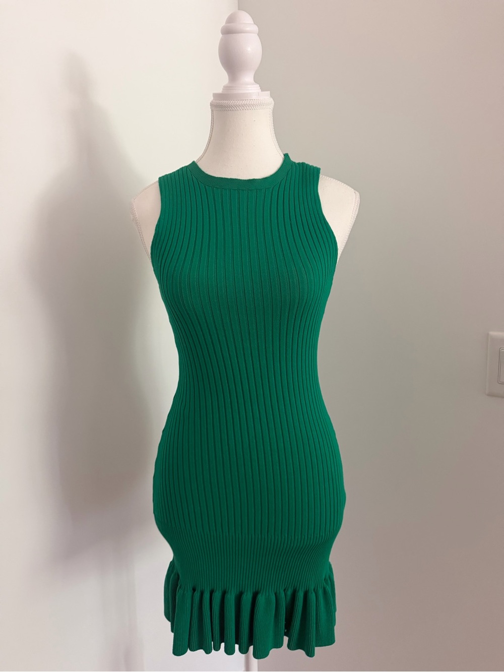 Sleeveless Ribbed Green Knit Dress with Ruffle Hem